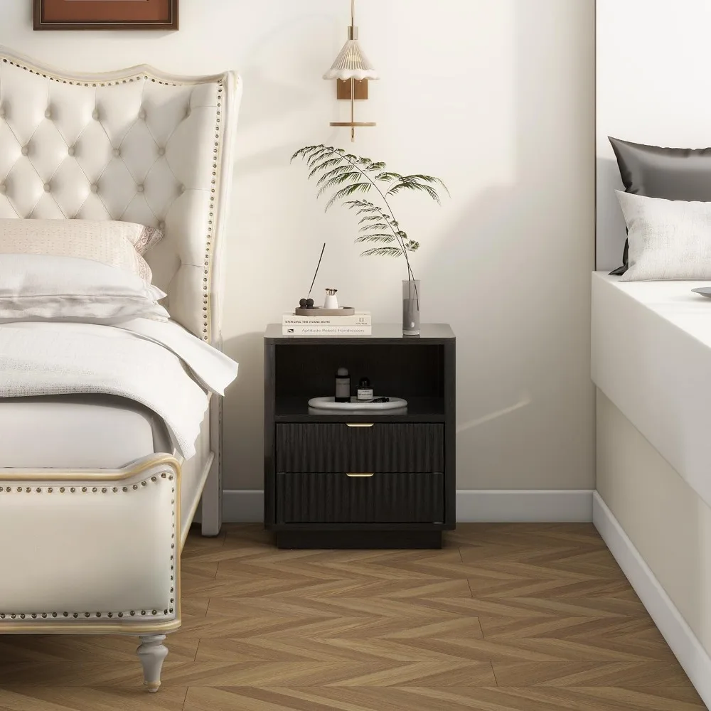 Набор рифленых тумбочек из 2 шт. черные прикроватные тумбочки с ящиками и