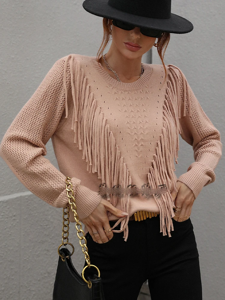 

Casual Tassel Knitted Round Neck Pullover Sweater 2023 Autumn New Fashion Women'S Clothing