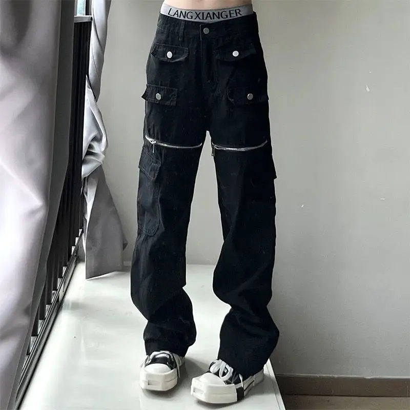 

2023 Spring And Autumn New Men's Jeans American High Street Zipper Loose Straight Casual Retro Multi-Pocket Cargo Long Pants