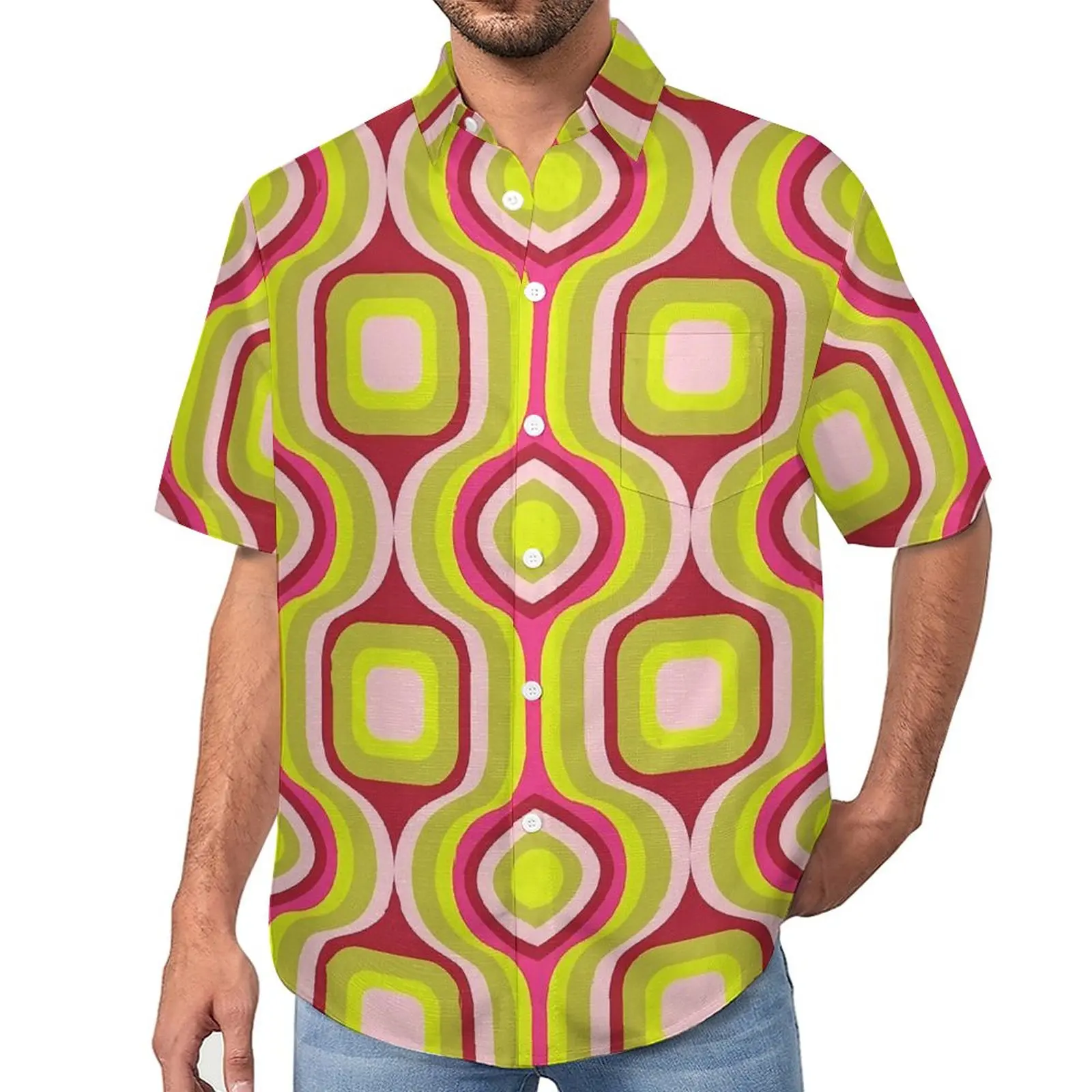 

Retro Geo Print Loose Shirt Mens Beach Red and Yellow Casual Shirts Hawaiian Graphic Short-Sleeve Trending Oversize Blouses