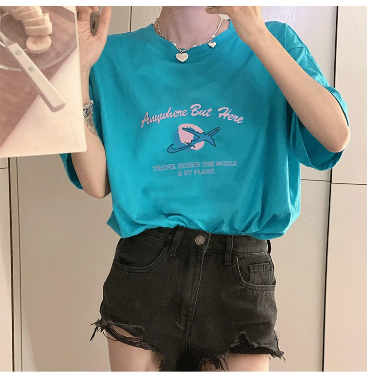 

5603 Korean version of the new mid-length all-match loose cotton short-sleeved T-shirt