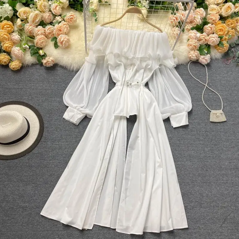 

YUERWANG Women Blouse Slash Neck Off Shoulder Pleated Ruffles Lantern Sleeve Chiffon Shirt Fashion Loose Long Female Tops 2022