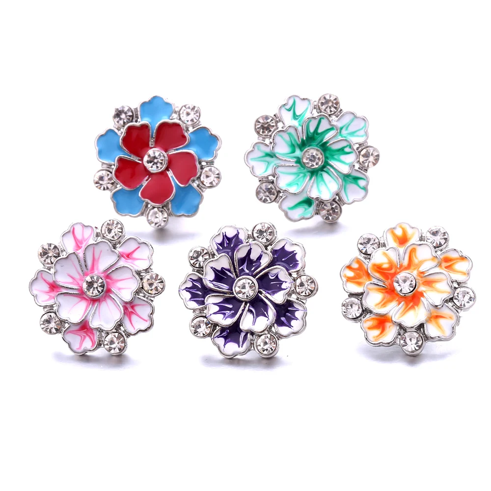 15pcs Flower Snap Button Jewelry Rhinestone Metal 18mm Snap Buttons Fit Bracelet Necklace Charm