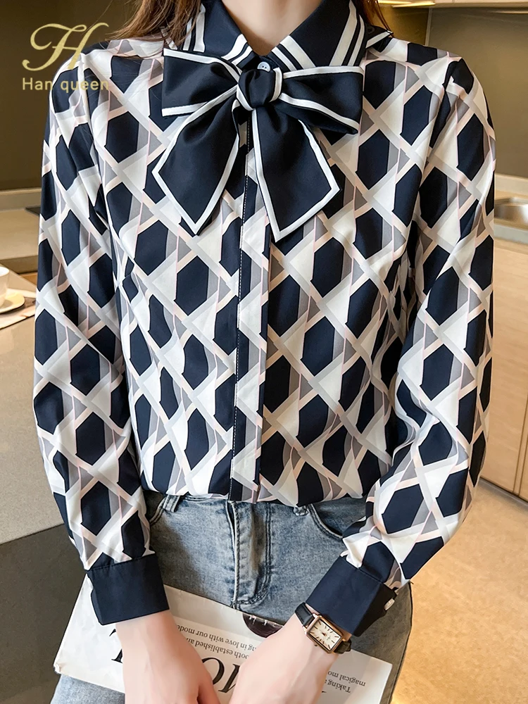 

Женская шифоновая блузка H Han Queen, винтажный топ с геометрическим принтом, на шнуровке, с длинным рукавом, повседневная офисная одежда для жен...