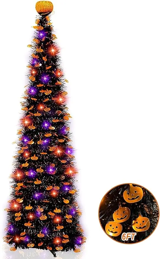 

6 Ft 60 LED Tinsel Halloween Tree Decor with Orange & Purple Lights Timer Tinsel Christmas Tree Bats Battery Oper Pop Up