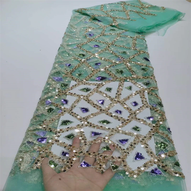 

2022 Elegant Beaded Sequins Lace Fabric High Quality Nigerian Embroidery Mesh Lace Fabric for Wedding DressesCD48
