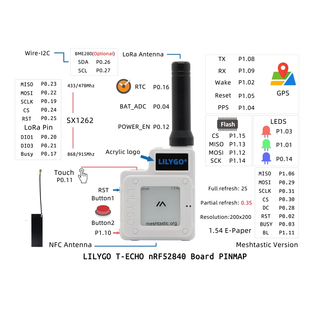 LILYGO® TTGO Meshtastic T-Echo LoRa SX1262 беспроводной модуль 433/868/915 МГц NRF52840 1 54 E-Paper GPS RTC NFC BME280 для