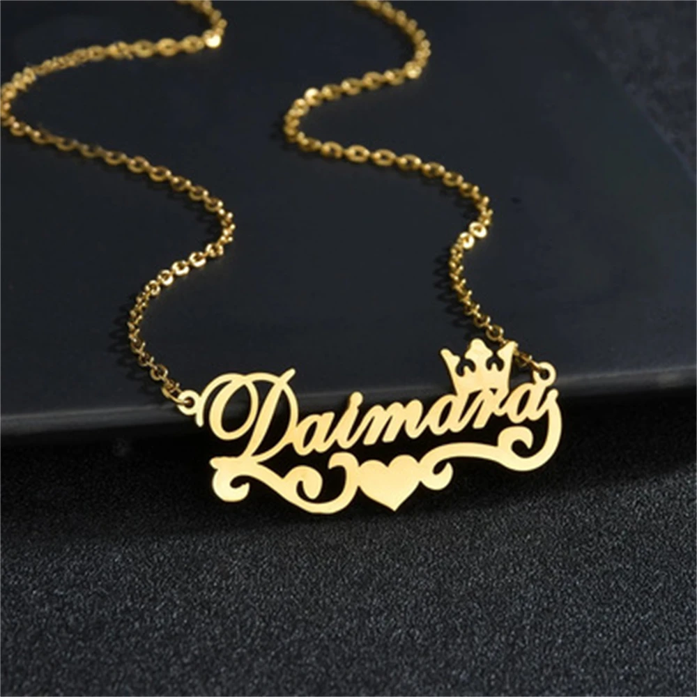 

Custom Name Necklace Personalize Stainless Steel Crown Love Heart Nameplate Gold Chain Collar Jewelry for Women Anniversary Gift