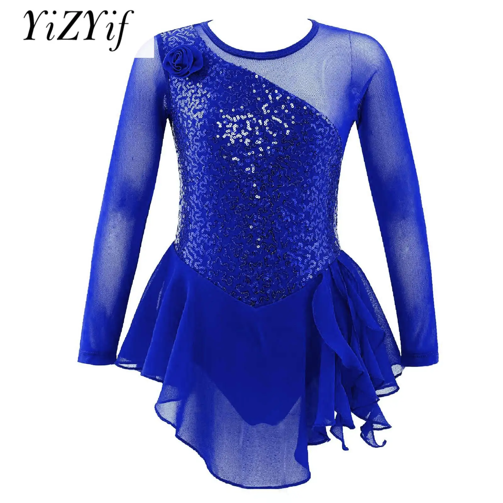 

Kids Girls Sequins Figure Skating Dress Long Sleeve Key Hole Back Ice Roller Illusion Lyrical Ballet Dancewear Skirted Leotard