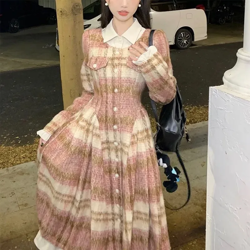 

Fairytale Fairy Dress Autumn Winter New Women's Pink Plaid Dress Shirt Collar Long Sleeve Elegant Knitted Midi Evening Dress
