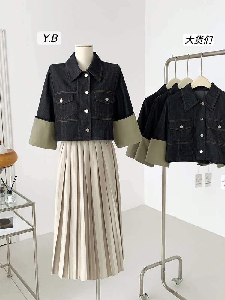 

Autumn Winter Harajuku Lapel Collar Jean Jacket Fashion Office Lady Washed Contrasting Colors Cowboy Outwear Single Breasted