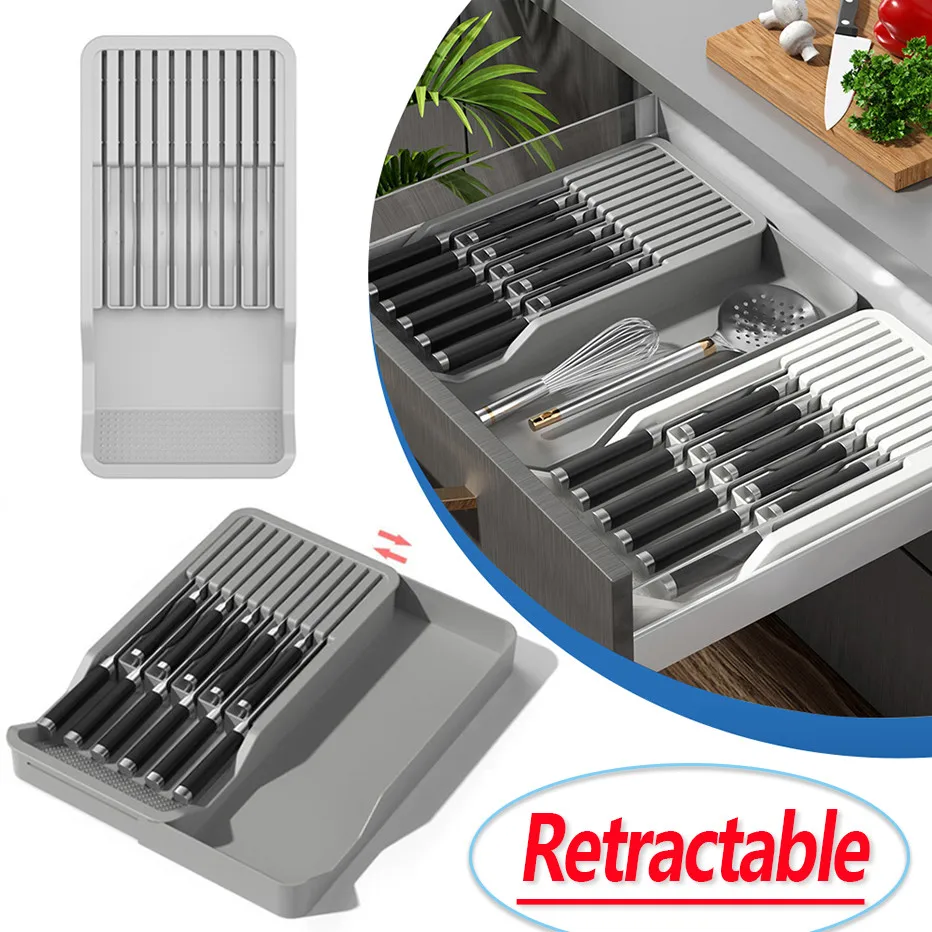 

Retractable Drawer Knife Storage Box Separation Finishing Cutlery Organizer Tray PP Knives Holder Rack Desktop Kitchen Utensils