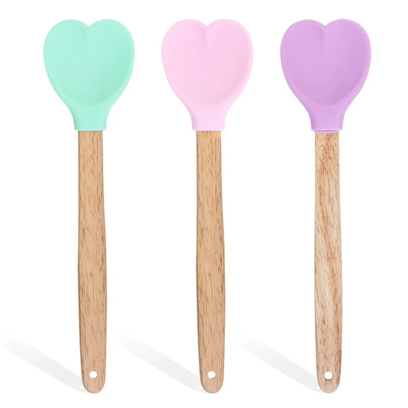 Silicone Heart Stirring Spoon Wood Handle Cookie Spoons Silicone Spatulas