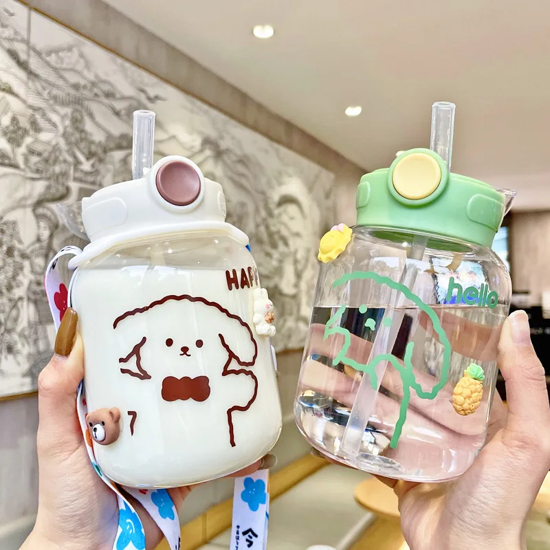 

600ML Cute Kawayi Cartoon Straw Water Cup High-value Cup Girl Portable Handy Cup Anti-fall Take-away Transparent Plastic Cup
