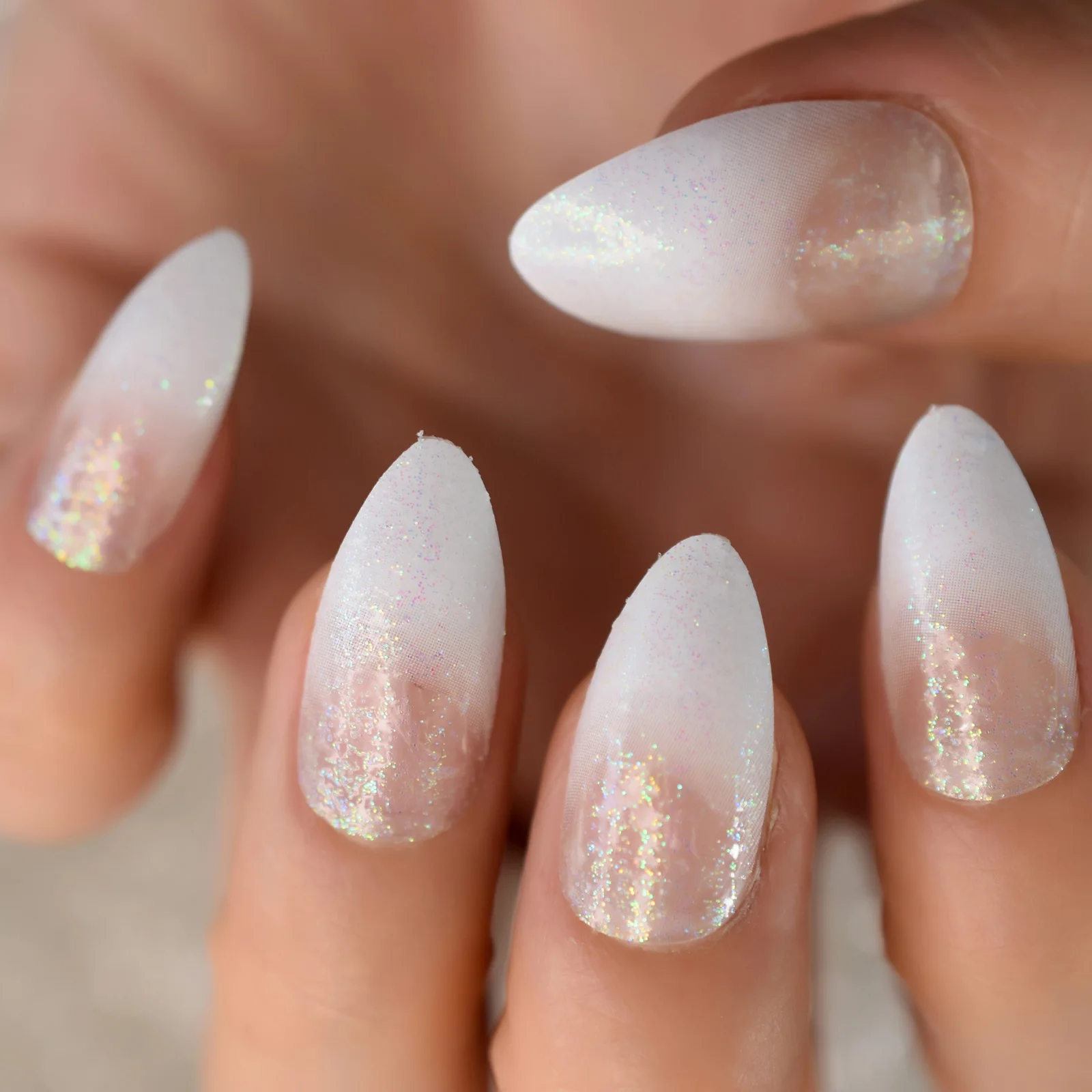 On False Nails Almond Oval Stiletto Shimmer Glitter Fake Nail Full Cover Gel Wear Nep Nagels