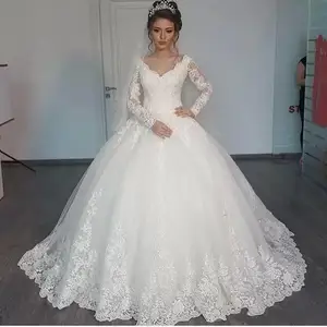 Long Sleeves Elegant Wedding Dresses V Neck Lace Appliques Bridal Wedding Gowns Floor Length Custom Made Wedding Party Dress