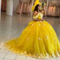 yellow ball gown quinceanera dresses off shoulder lace up back sweep train sequined 3d floral vestidos de quincea%c3%b1era