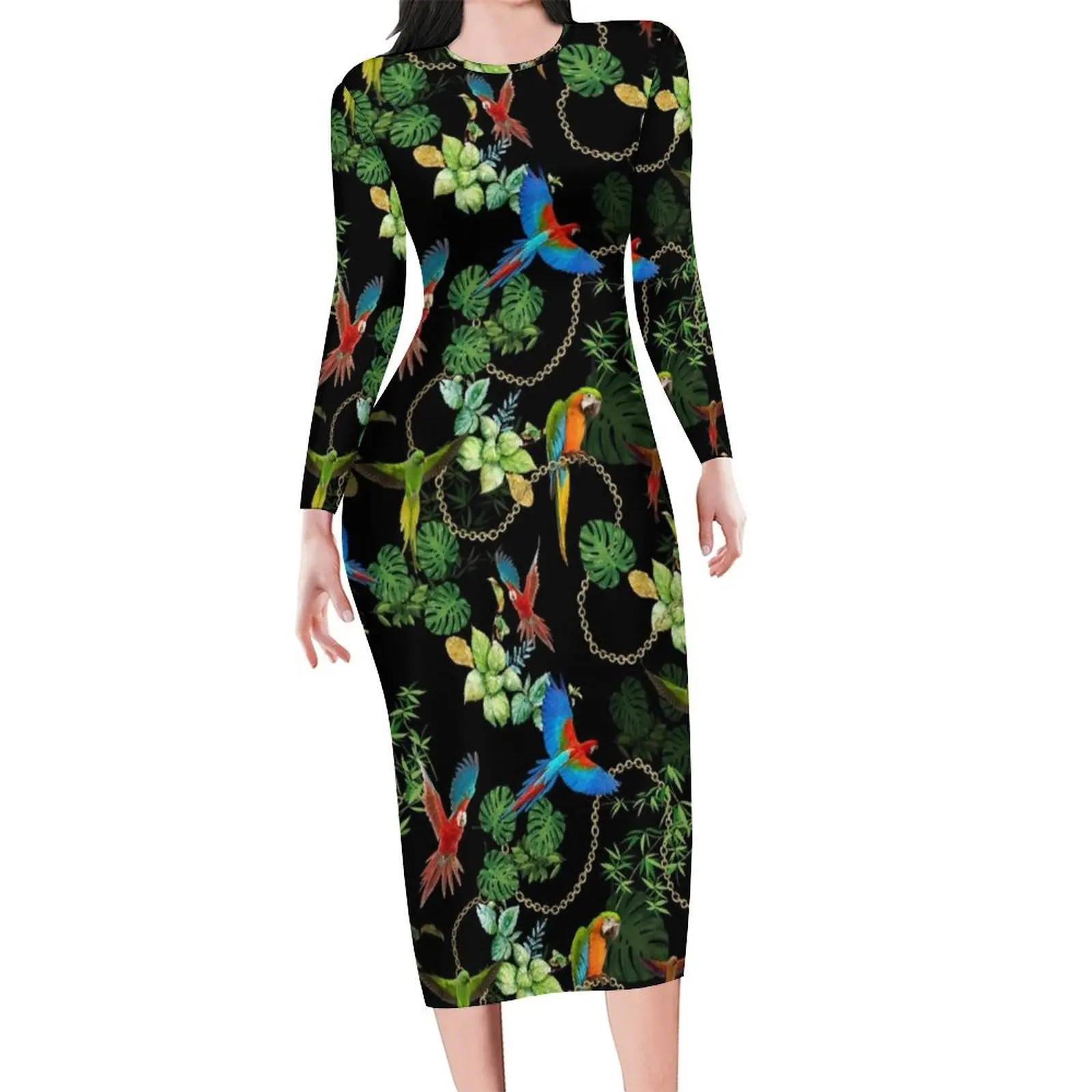 

Gold Chains Print Dress Long Sleeve Tropic Parrot Street Fashion Dresses Night Club Bodycon Dress Woman Graphic Oversize Vestido