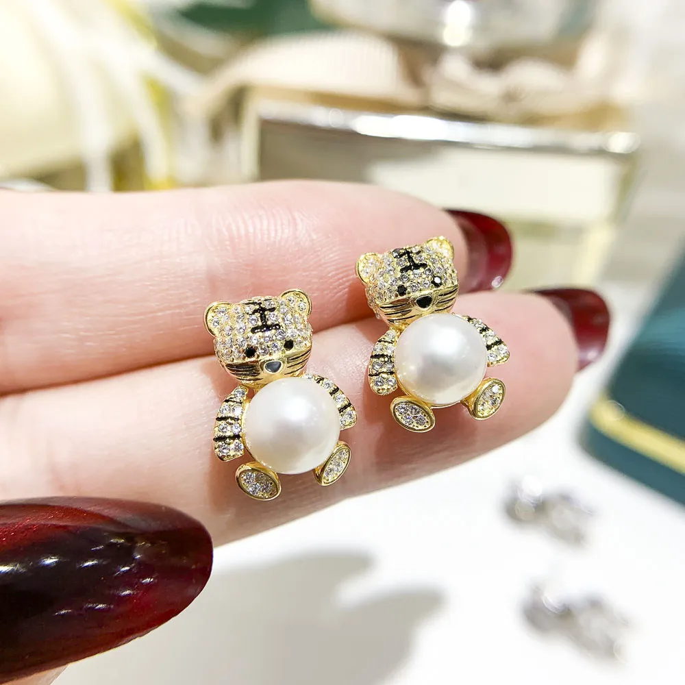 

DIY pearl earrings accessories S925 sterling silver jewelry cute tiger earrings female empty holder Fit 7-8mm beads