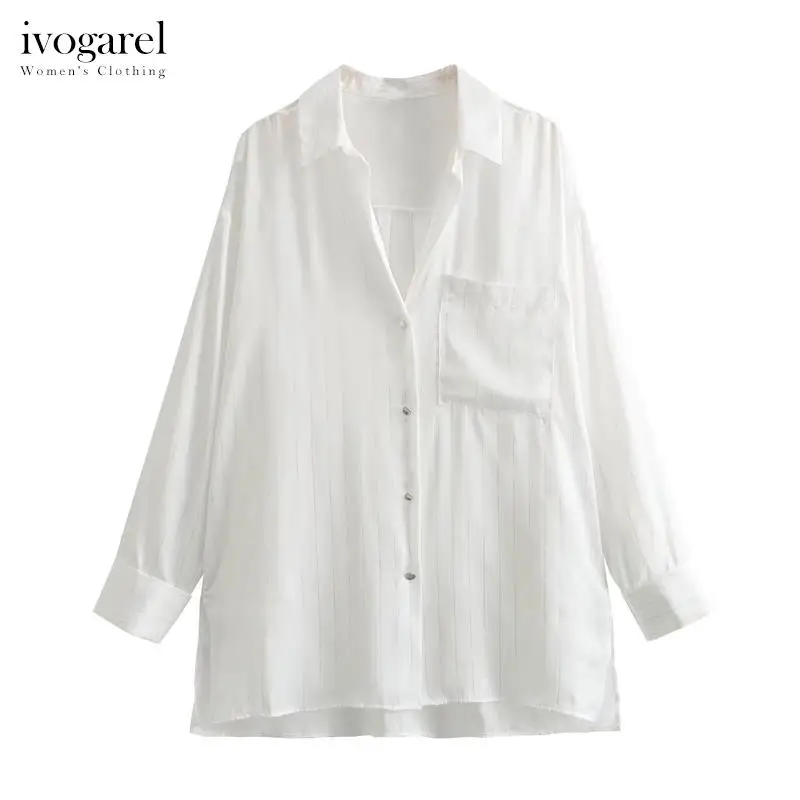 

Ivogarel Women's White Long Metallic Striped Shirt Female Satin Shirt Chic Fashion Long Sleeves Blouse Top Side Vents Hem