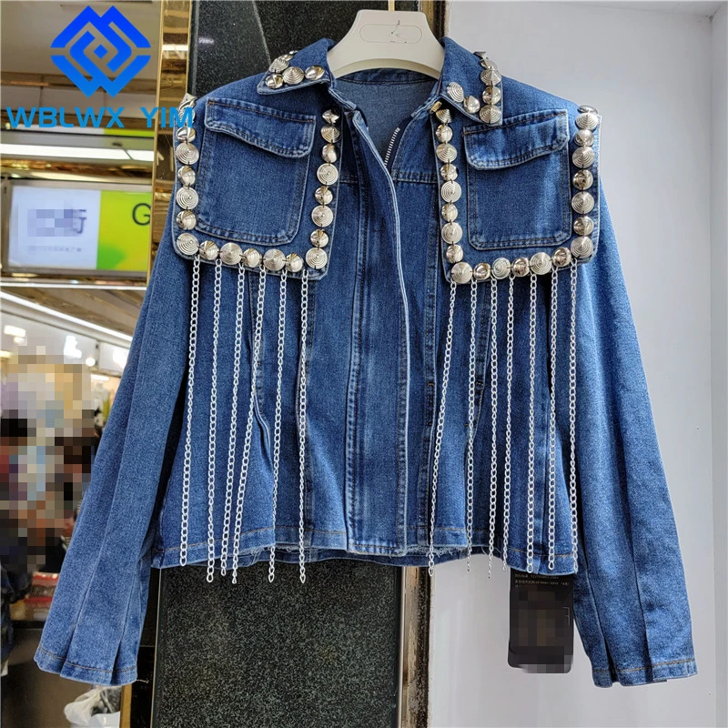 

Jeans Jacket Women Spring Autumn Loose Fashion Rivet Chain Decoration Denim Jacket Women Vintage Lapel Short Jeans Coat Female