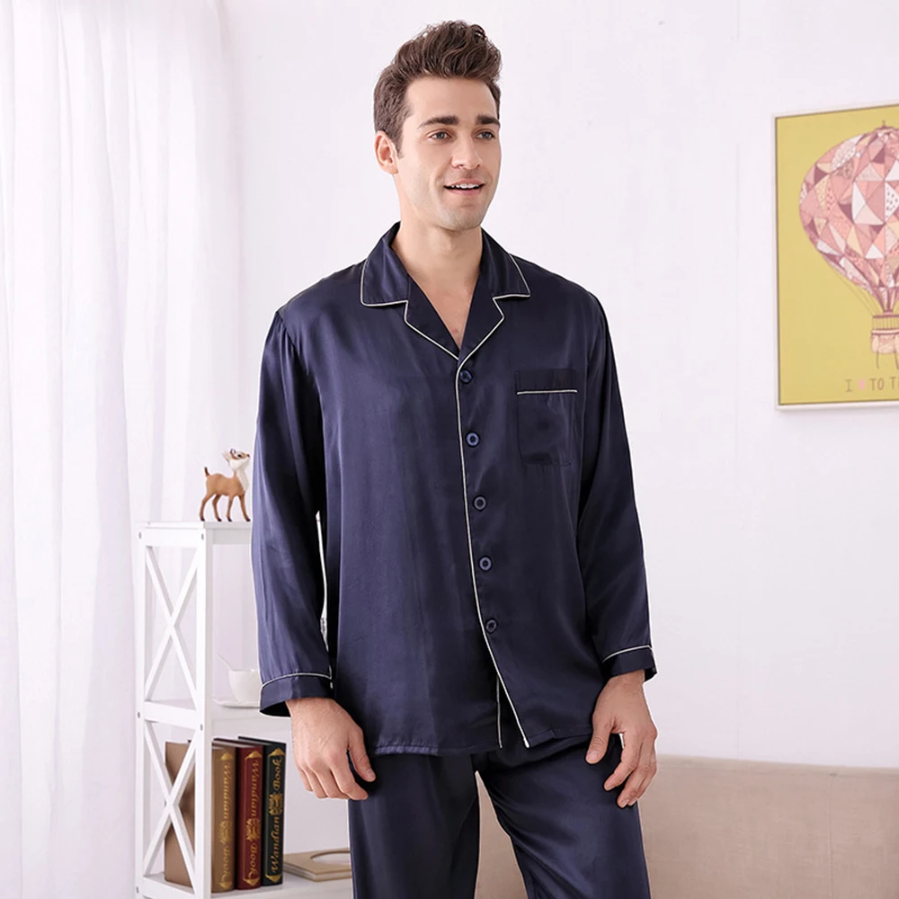 Men100% Real Silk Pajamas Set for Men Sleepwear Loungewear Long Sleeve Sleepwear Nightgown
