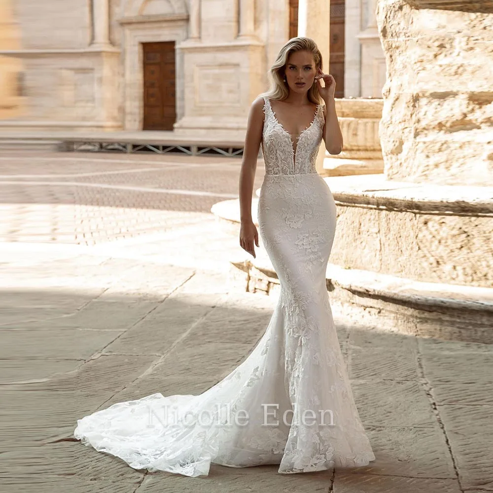 

Nicolle Eden V-Neck Vintage Mermaid Wedding Dresses For Women Lace Appliques Tulle Gown Vestido De Casamento Personalised