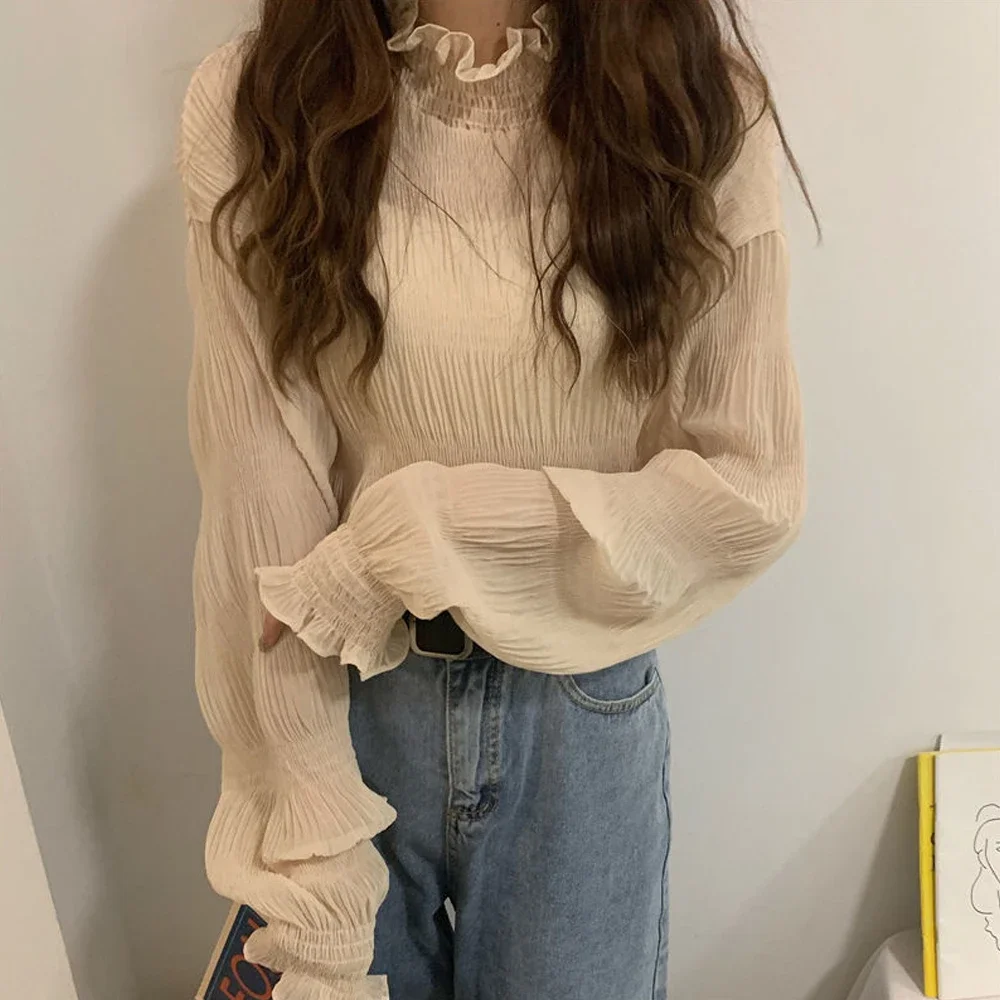 Женская шифоновая футболка с длинным рукавом воротником-лепестком