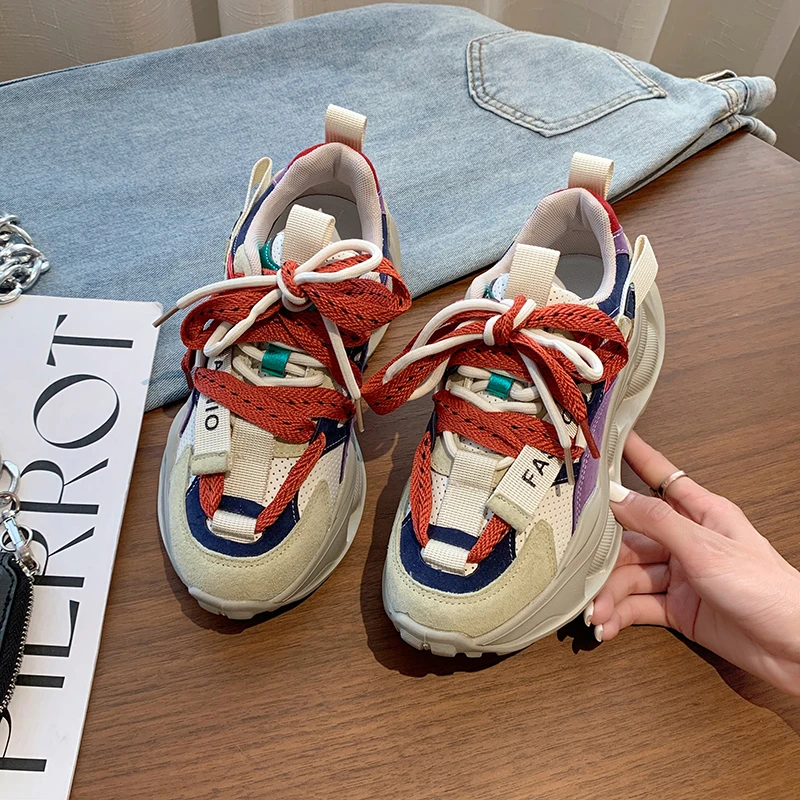 

Mixed Colors Women Sneakers Round Toe Lace-Up Soft Comfy Ladies Casual Sneakers Hand-made 2023 New Fashion Women's Running Shoes