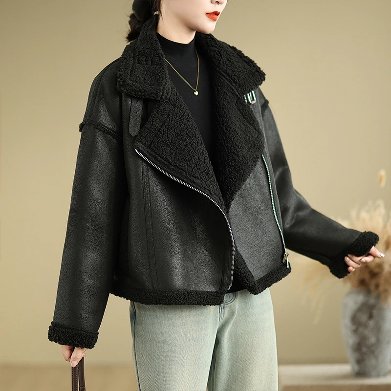 Leak-Picking ~ Design Sense Motorcycle Clothing Fur Integrated Short Berber Fleece Outerwear Women Winter Leather Coat Jacket...