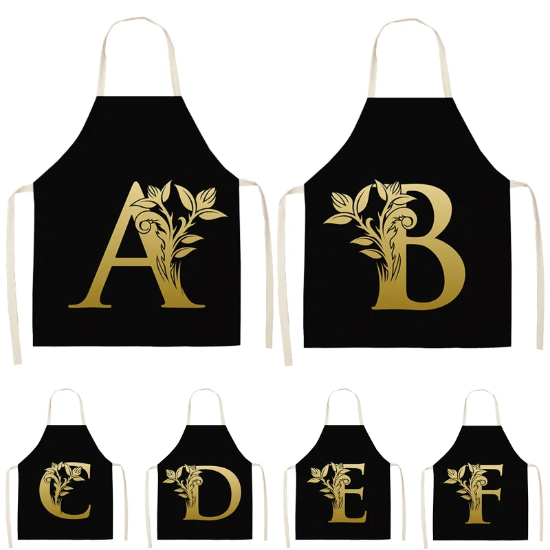 

Gold Letter Alphabet Pattern Kitchen Apron 53*65cm For Woman Sleeveless Cotton Linen Aprons Cooking Home Cleaning Tools WQ0051