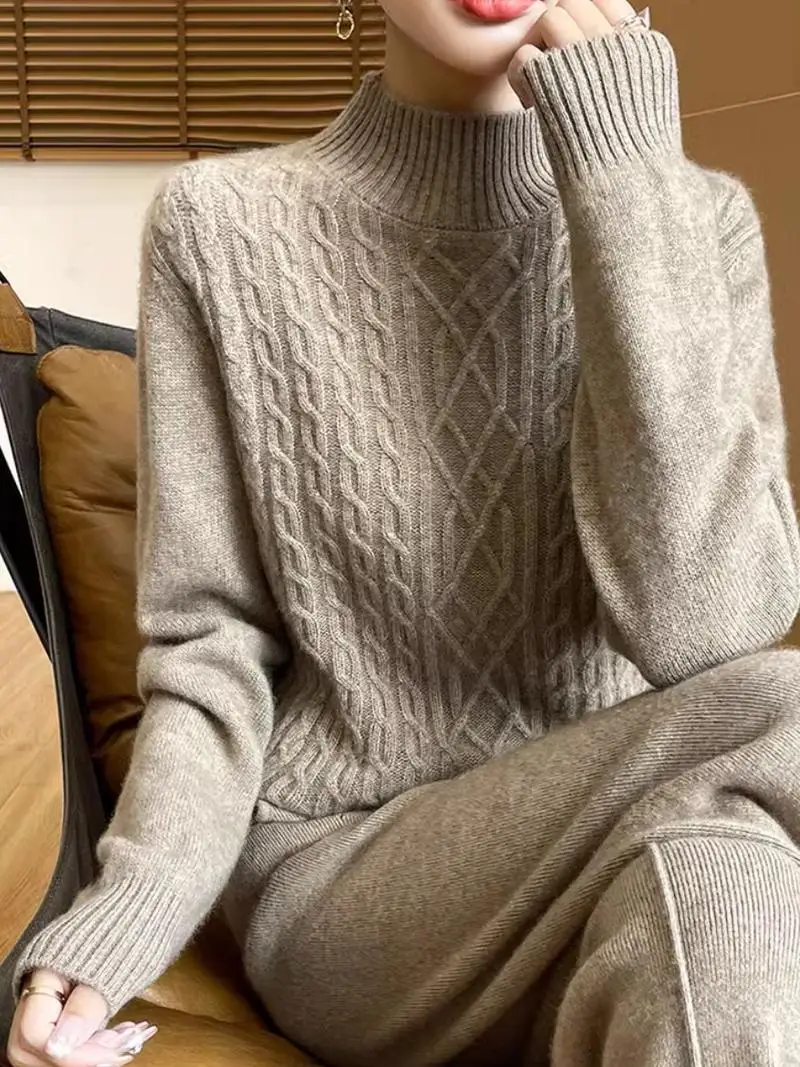 Pure Cashmere Sweater% Half-high Collar Thickened Sweater Twisted Women Autumn and Winter Loose Idle Sle Knitted Bottoming ...