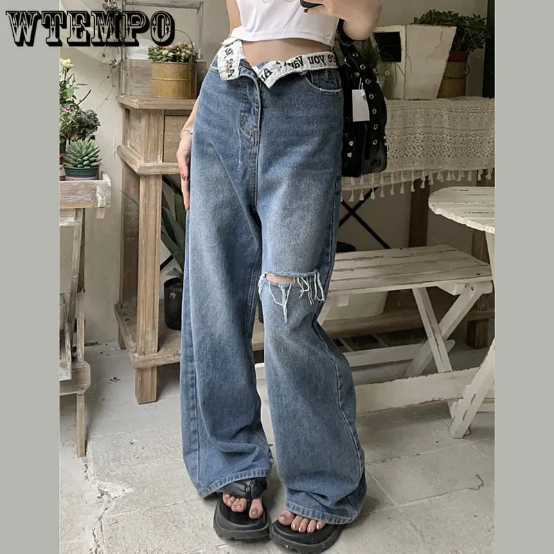 

Прямые Элегантные корейские джинсы Y2K в уличном стиле, Женские французские дизайнерские брюки с высокой талией и широкими штанинами, синие повседневные Дизайнерские Длинные брюки