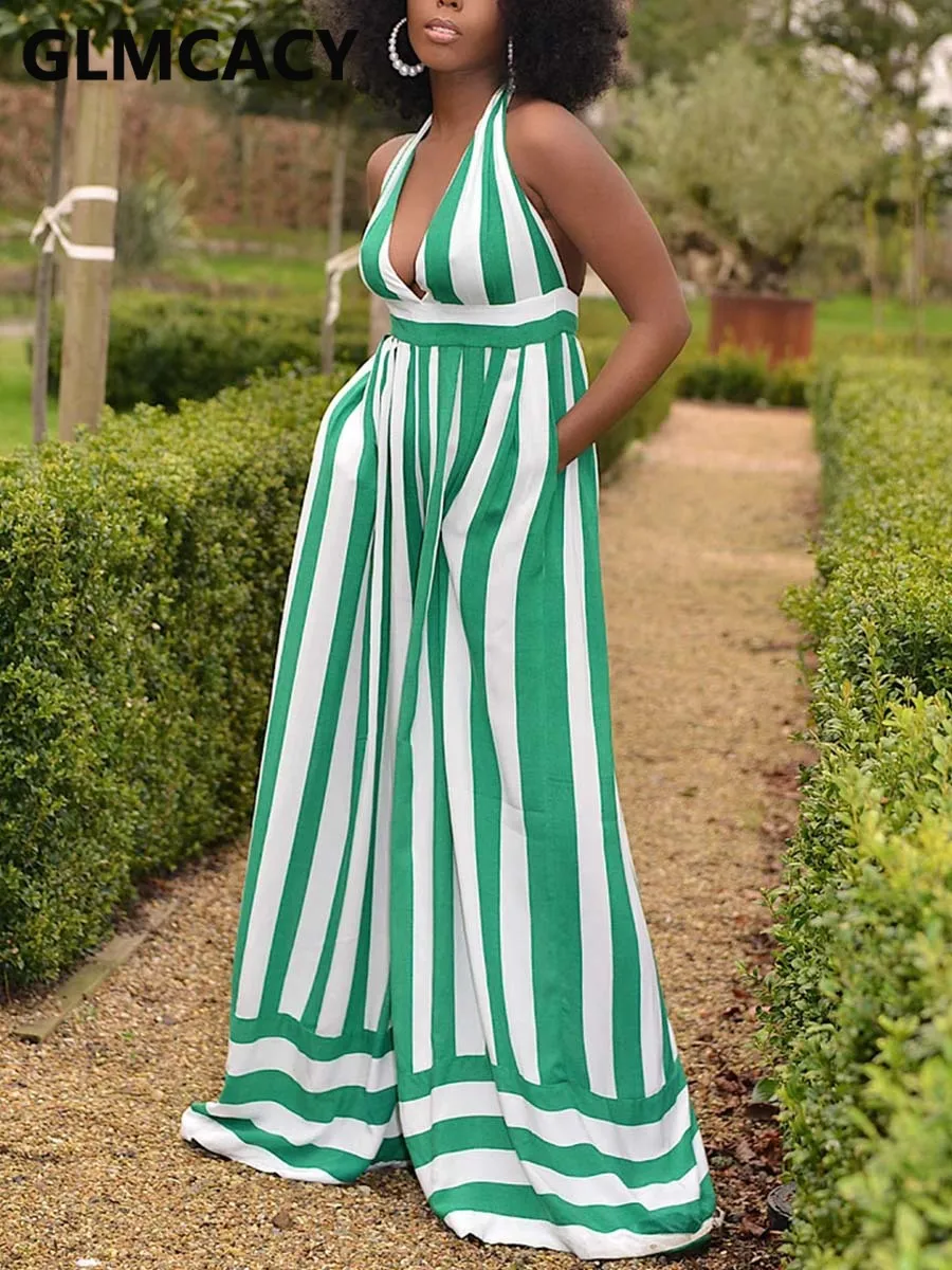 

Женский полосатый комбинезон с лямкой на шее, брюки с широкими штанинами, комбинезоны без рукавов с открытой спиной