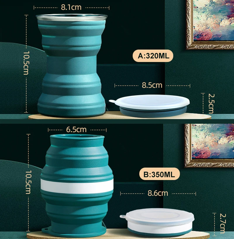 Силиконовая складная дорожная чашка 320/350 мл кофейная с крышкой многоразовая