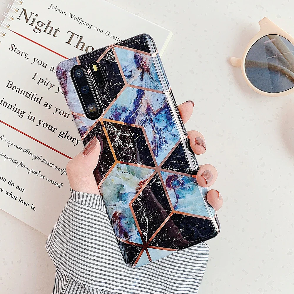 

Phone Back Glossy Soft Cover Plating Geometric Marble Phone Case For Huawei P40 Lite P30 P20 Lite Pro Mate 20 Lite