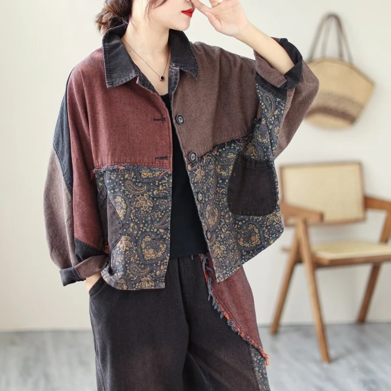 2024 весенние джинсовые пальто женские ретро-принты цветные сращенные