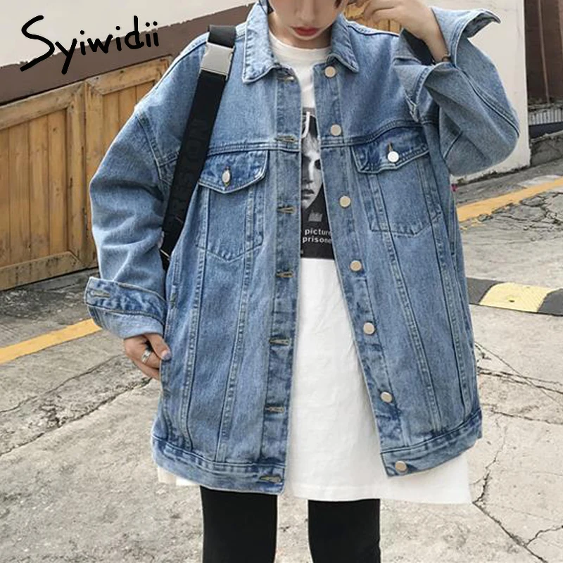 Syiwidii Jean Jacket Women Denim Coat Spring 2022 New Fashion Loose Oversized Blue Button Up Cardigan | Женская одежда