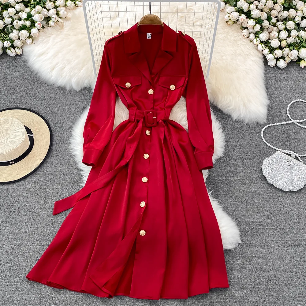 

Retro French Style Woman Dress Notched Shirt Vestido Casual Spring Autumn Woman Dress