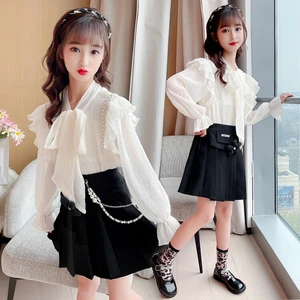Korean Girls Long Sleeve White Top + Short Skirt 2 Piece Clothes Suit Fashion Lovely Kids Baby Girls Princess Outfits 13 14 Year