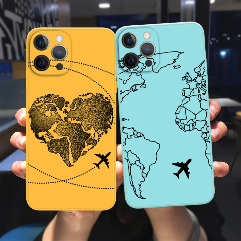 

Luxury Popular Planes World Map Travel Silicone Case For iPhone 11 12 13 14 Pro MAX X XS XR 8 14Plus Cute Candy Matte Soft Cover