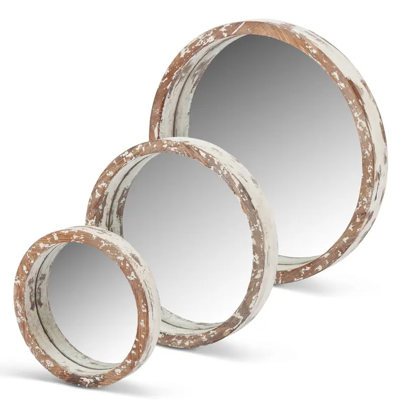 

Nested, Round Wooden Mirrors with Cream-Colored Worn Wood Rims (Set of 3)