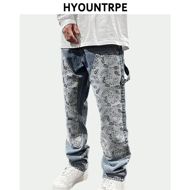 Fashion Denim Straight Jeans Mens Hip Hop Patchwork Paisley Jeans Streetwear Zipper Trousers New Casual Joggers Jeans Pants