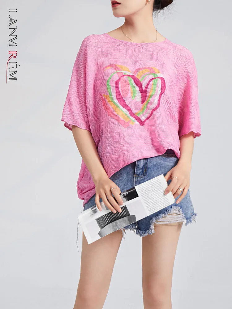 

LANMREM Heart Print T-shirt For Women 2023 Summer Round Neck Short Sleeves Loose Casual Pleated Top Female Clothes 2DA1254