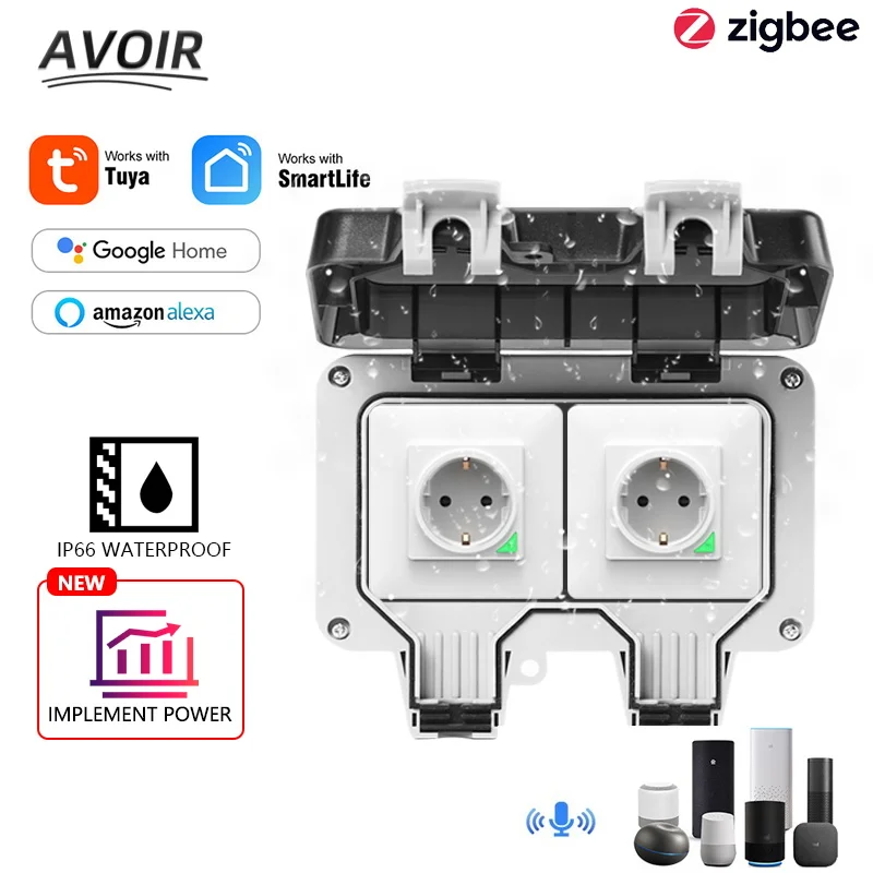 

Avoir Tuya Zigbee Power Socket IP66 Outdoor Waterproof Sockets EU Electrical Outlets Wifi Smart Life Work With Alexa Google Home