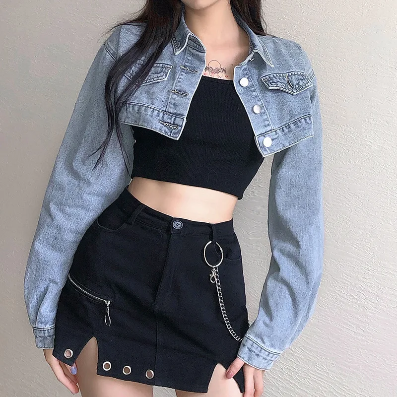 

High Street Vintage Women Denim Jacket Spring Summer Harajuku All-match Turn-down Collar Single Breasted Short Female Outerwear