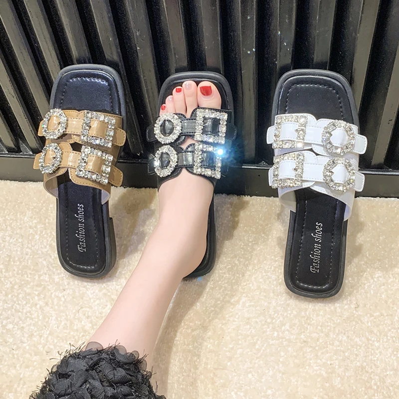 Crystal Flats Shoes Metal Buckle Strap Women Slippers Summer Flip Flops Fashion Open Toe Sandals Shoes Dress Beach Ladies Slides