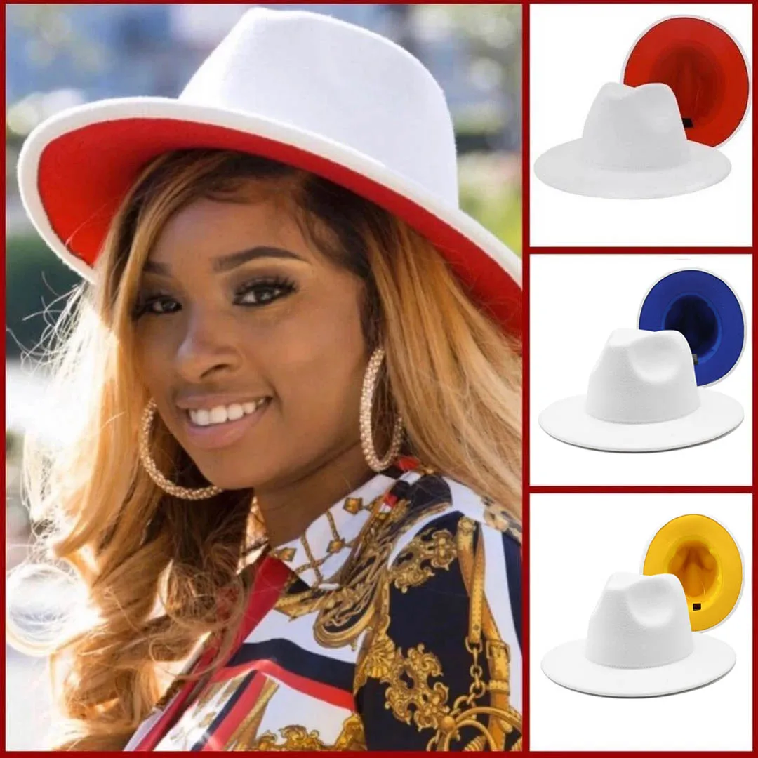 

White Fashion Fedora Hat Double Sides Color Trilby Hat Derby Cap Jazz Caps Fedoras Hat Wedding Church Bowler Men Felt Panama Cap