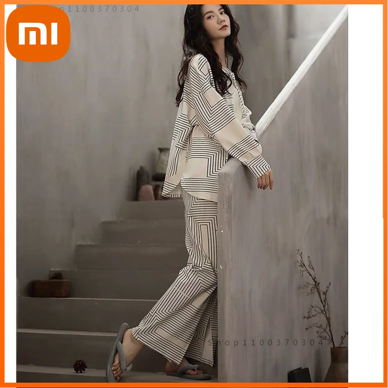 

Xiaomi Women's Cotton Pajamas Casual Sleepwear Geometric Aesthetic Trouser Suits Long Sleeve Home Clothes Pijamas