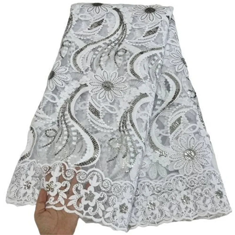 

Новейшая Белая французская сетчатая кружевная ткань с вышивкой из тяжелых блесток, африканская Тюлевая кружевная ткань для Нигерии, блестк...